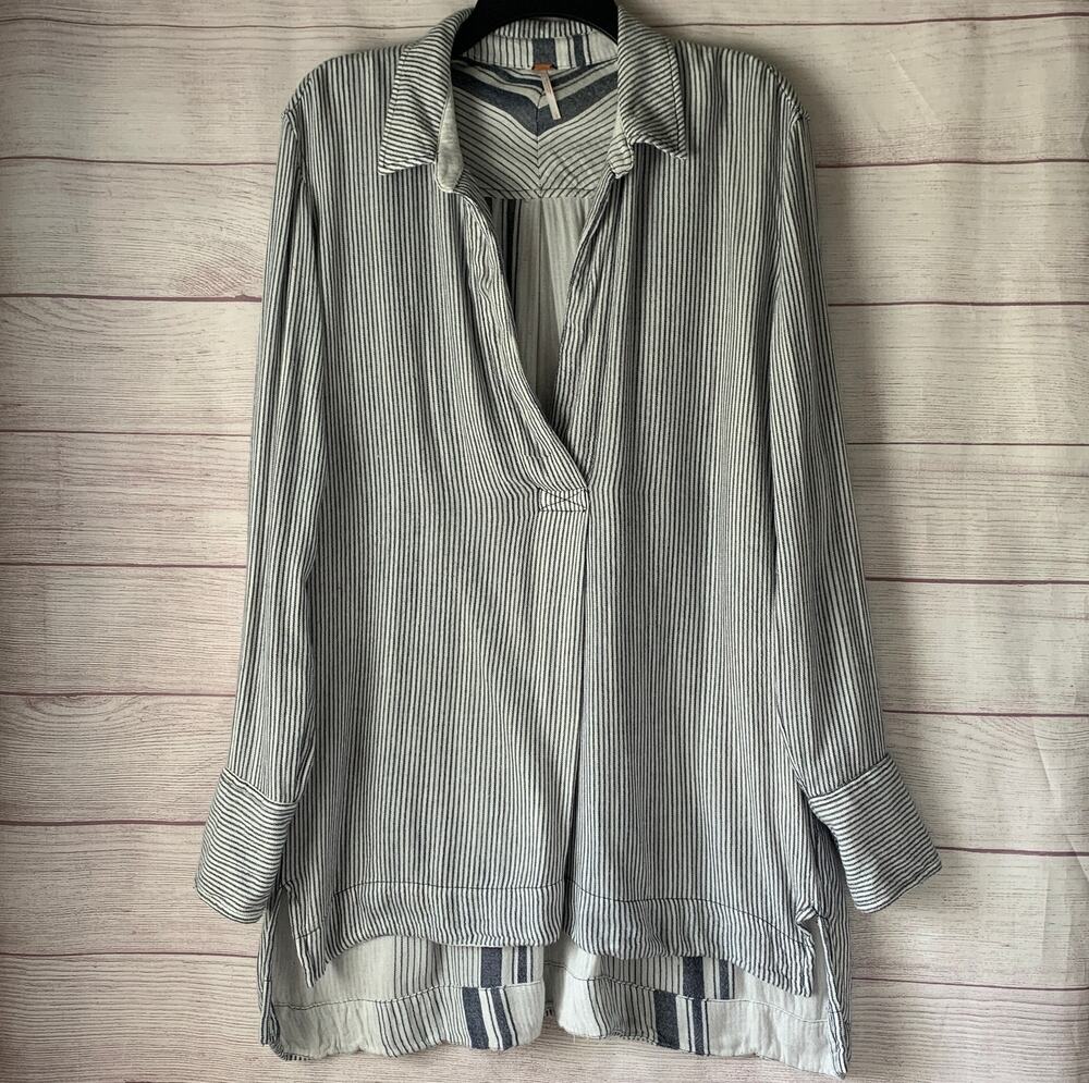 Free People On The Road Striped Tunic Shirt Oversized Split V-Neck Blouse Boho L